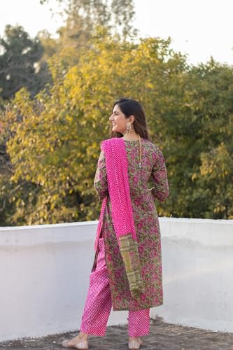 Anni Designer Women'S Cotton Blend Straight Printed Kurta With Pant & Dupatta (Deepal Pink_Xl_Pink_X-Large),Pink,XL,Rayon Blend,Regular,