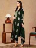 Anni Designer Women'S Cotton Blend Straight Printed Kurta With Pant & Dupatta (Carla Green_S_Green_Small),Green,S,Cotton Blend,Regular,Dupatta