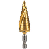 Klein Tools 25962 Step Drill Bit, 3/16 to 7/8Inch, Spiral DoubleFluted, Cuts Thin Metal, Plastic, Aluminum, Wood, 1/4Inch Hex
