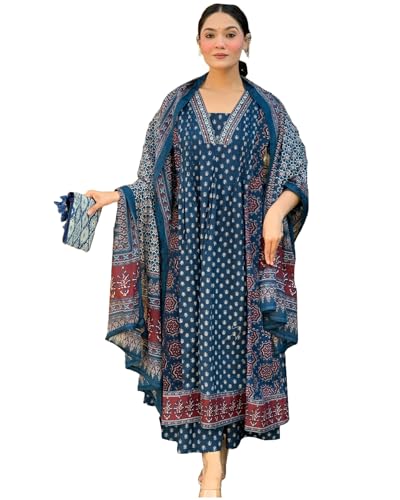 Anni Designer Women'S Rayon Viscose Anarkali Printed Kurta With Palazzo & Dupatta (Nakula Blue_M_Blue_Medium),Blue,M