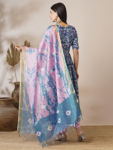 Anni Designer Women'S Cotton Blend Anarkali Printed Kurta With Pant & Dupatta (Nina Kerocin-Vks01_M_Blue_Medium),Blue,M,Rayon Blend,Anarkali,