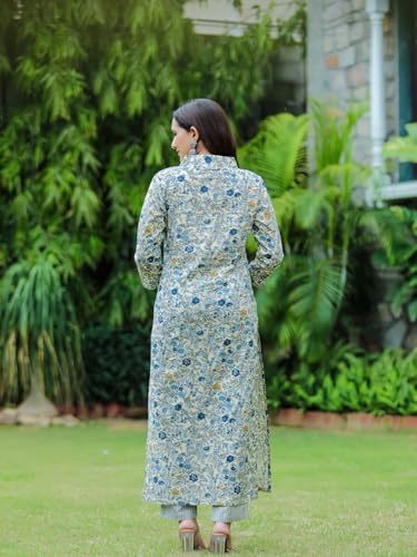 Anni Designer Women'S Cotton Blend Straight Printed Kurta With Pant (Dhulika Blue_L_Blue_Large),Blue,L,Rayon Blend,Regular,Kurta