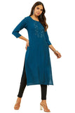 Soch Womens Blue Viscose Blend Round-Neck Kurta with Floral Cutdana Work