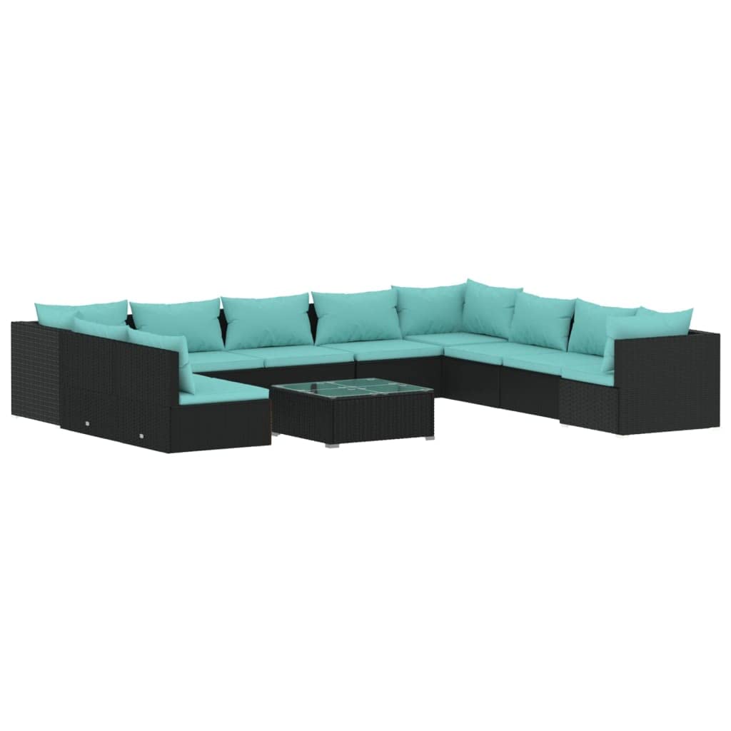 Vidaxl Garden Sofa Set - 11 Piece Patio Lounge Outdoor Furniture With Cushions - Poly Rattan -Water-Resistant - Black And Water Blue
