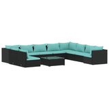 Vidaxl Garden Sofa Set - 11 Piece Patio Lounge Outdoor Furniture With Cushions - Poly Rattan -Water-Resistant - Black And Water Blue