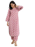 Libas Womens Cotton Peach Block Motif Printed Curved Kurta Set With Salwar, Large