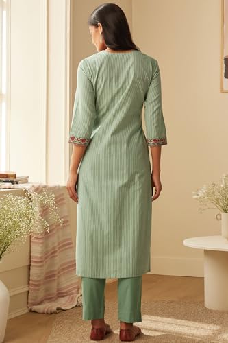 Anni Designer Women'S Cotton Blend Embroidered Straight Kurta With Pant & Dupatta (Farigup-Green_Xl_Green_X-Large),Green,XL,Cotton Blend,Regular,