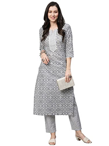 Gosriki Women'S Cotton Blend Printed Straight Kurta With Pant (Kavi-Grey-Nw06-Gs_3Xl_Grey_Xxx-Large),Grey,3,B0BVJ2QTWZ