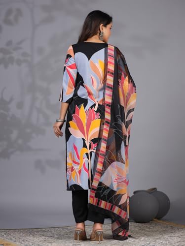 Anni Designer Women'S Rayon Blend Printed Straight Kurta With Pant & Dupatta (Khissu Black_S_Black_Small),Black,S,Rayon Blend,Regular,Kurta, Scarf