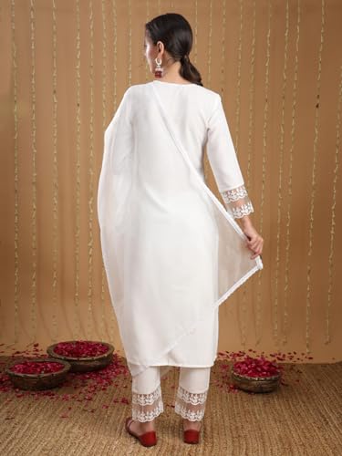 Anni Designer Women'S Cotton Blend Embroidered Straight Kurta With Pant & Dupatta (Motira White_Xxl_White_Xx-Large),White,2XL,Cotton Blend,Regular,Kurta, Scarf