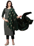 Anni Designer Women'S Cotton Blend Embroidered Straight Kurta With Pant & Dupatta (Mysuru-Dark Green_M_Dark Green_Medium),Dark Green,M