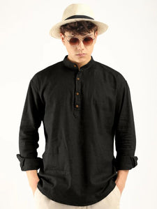 Royalscout Men'S Cotton Polyester Blend Solid Regular Fit Full Sleeve Short Kurta Black Black S Jm_Button_Black_S