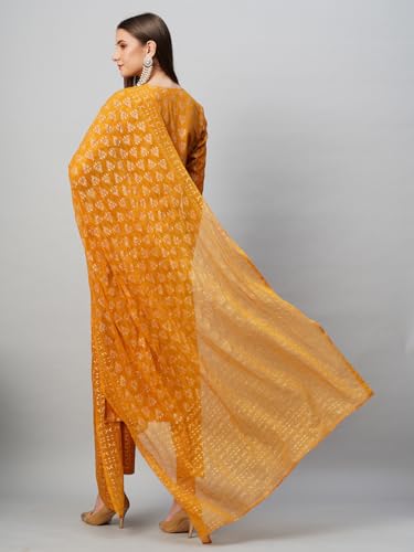 Anni Designer Women'S Cotton Blend Straight Printed Kurta With Pant & Dupatta (Mohmaya Mustard_Xxl_Mustard_Xx-Large),Mustard,2XL,Cotton Blend,Regular,Kurta, Scarf