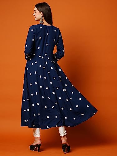 Anni Designer Women'S Rayon Blend Chikankari Embroidered Anarkali Kurta (Vavajodo-Blue-Tnw_Xl_Blue_X-Large),Blue,XL,Rayon Blend,Anarkali,