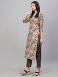 Anni Designer Women'S Cotton Blend Straight Printed Kurta With Pant (Seep Grey_L_Grey_Large),Grey,L,Rayon Blend,Regular,Kurta