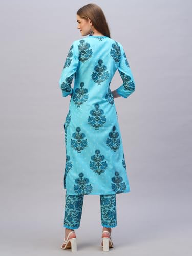 Anni Designer Women'S Rayon Blend Straight Printed Kurta With Pant (Cheer Blue_Xxl_Blue_Xx-Large),Blue,2XL,Rayon Blend,Regular,