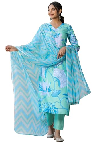Anni Designer Women'S Cotton Blend Straight Printed Kurta With Pant & Dupatta (Sohini Green_S_Green_Small),Green,S