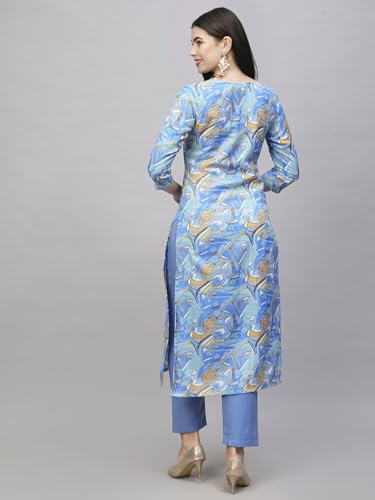 Anni Designer Women'S Cotton Blend Straight Printed Kurta With Pant (Uop Sky Blue_Xxl_Sky Blue_Xx-Large),Sky Blue,2XL,Cotton Blend,Straight,