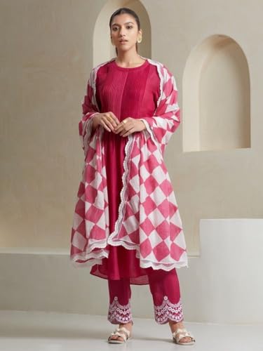 Anni Designer Women'S Cotton Blend Straight Solid Kurta With Pant & Dupatta (Lee Pink_M_Pink_Medium),Pink,M,Cotton Blend,Classic,Kurta, Scarf