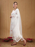 Anni Designer Women'S Cotton Blend Embroidered Straight Kurta With Pant & Dupatta (Motira White_M_White_Medium),White,M,Cotton Blend,Regular,Kurta, Scarf