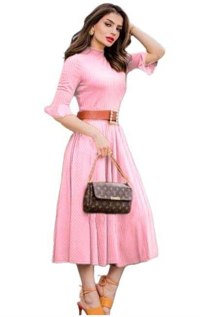 Anni Designer Women'S Lycra Cotton Solid Half Sleeve Belted Flowy Tiered A-Line Dress (Juli-Baby Pink-Nw_Xl_Baby Pink_X-Large),Baby Pink,XL