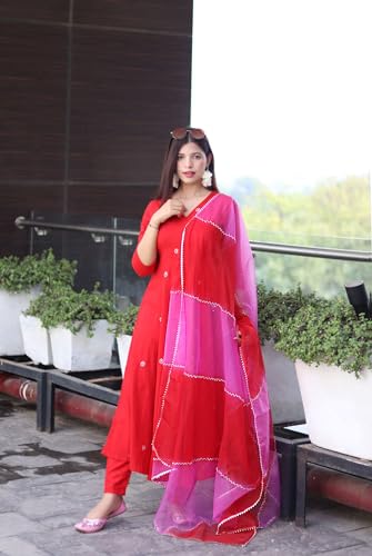 Anni Designer Women'S Cotton Blend Anarkali Floral Embroidered Kurta With Pant & Dupatta (Gsk-Red_M_Red_Medium),Red,M,Cotton Blend,Anarkali,Dupatta