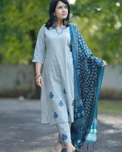 Anni Designer Women'S Rayon Blend Embroidered Straight Kurta With Pant & Dupatta (Vineeka White_M_Blue_Medium),Blue,M,Rayon Blend,Regular,