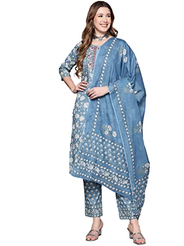 Anubhutee Women Blue Floral Printed Pure Cotton Kurta With Trousers & Dupatta