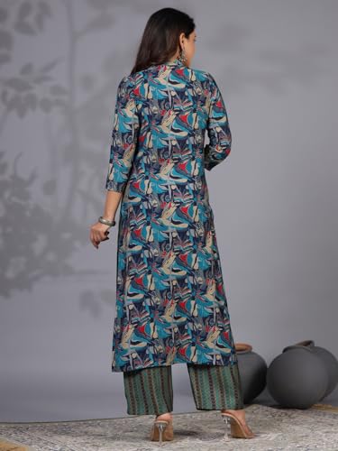 Anni Designer Women'S Rayon Blend Straight Printed Kurta With Pant (Bbcom Blue_M_Blue_Medium),Blue,M,Rayon Blend,Regular,Kurta