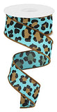 1.5X10yd Aqua Blue Teal Leopard Print On Royal Wired Ribbon