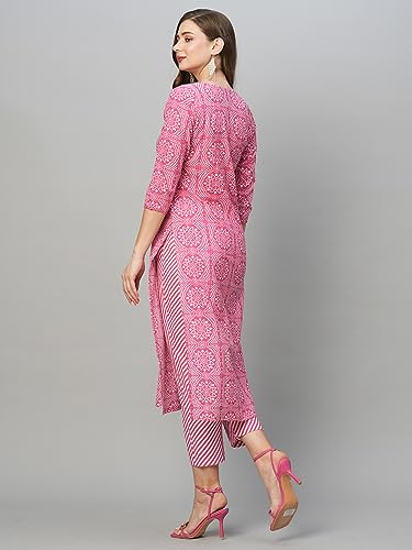 Anni Designer Women'S Cotton Blend Straight Printed Kurta With Pant (Jeet Pink_Xxl_Pink_Xx-Large),Pink,2XL,Cotton Blend,Regular,