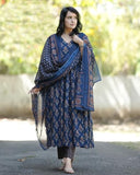 Anni Designer Women'S Rayon Blend Printed Anarkali Kurta With Pant & Dupatta (Ampm Blue_S_Blue_Small),Blue,S,Rayon Blend,Anarkali,