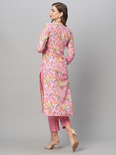 Anni Designer Women'S Cotton Blend Straight Printed Kurta With Pant Set (Pahal Pink_Xl_Pink_X-Large),Pink,XL,Cotton Blend,Regular,