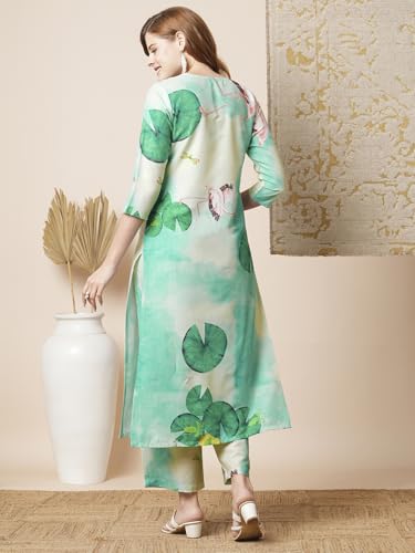 Gosriki Women'S Rayon Blend Straight Printed Kurta With Palazzo (Swans See Green-Vks04-Gs_L_See Green_Large),See Green,,B0DBM334T7