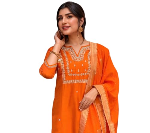 Anni Designer Women'S Silk Blend Straight Embroidered Kurta With Pant & Dupatta (Manushi Orange-Vks05_Xxl_Orange_Xx-Large),Orange,2XL