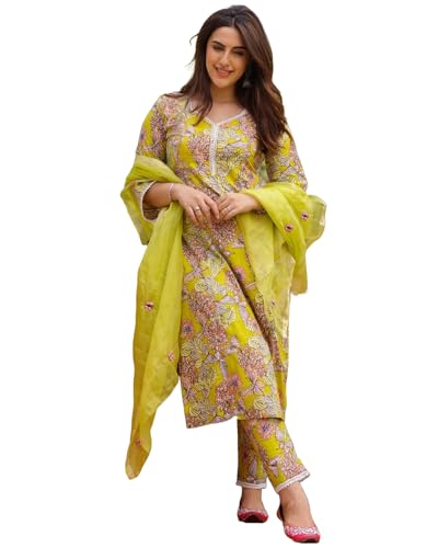 Anni Designer Women'S Cotton Blend Printed Straight Kurta With Pant & Dupatta (Moriya Yellow_Xl_Yellow_X-Large),Yellow,XL