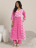 Libas Pink Floral Printed Panelled A-Line Kurta With Printed Palazzo
