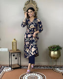 Anni Designer Women'S Cotton Blend Straight Printed Kurta With Pant (Dhun Navy Blue_Xl_Navy Blue_X-Large),Navy Blue,XL,Rayon Blend,Regular,Kurta