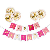 Tellpet Pink HAPPY BIRTHDAY Banner with 5 pcs Gold Confetti Balloons