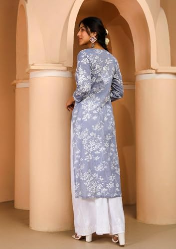 Anni Designer Women'S Cotton Blend Chikankari Embroidered Straight Kurta (Zainab Grey_S_Grey_Small),Grey,S,Cotton Blend,Regular,
