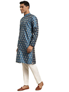 Sojanya (Since 1958 Men'S Silk Blend Peacock Blue & Gold Booti Jacquard Only Long Kurta Peacock Blue & Gold Xl