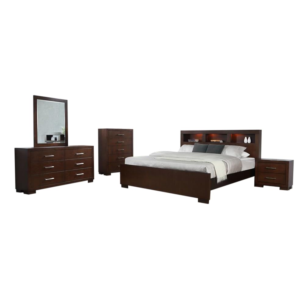 Coaster Home Furnishings Jessica Contemporary 5-Piece Bedroom Set California King Size Led Storage Bookcase Bed Frame 47-Inch Headboard Cappuccino 200719Kw-S5