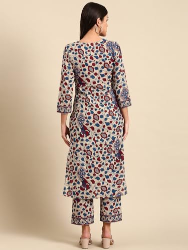 Anni Designer Women'S Rayon Blend Straight Printed Kurta With Pant (Nakari Cream_M_Cream_Medium),Cream,M,Rayon Blend,Regular,