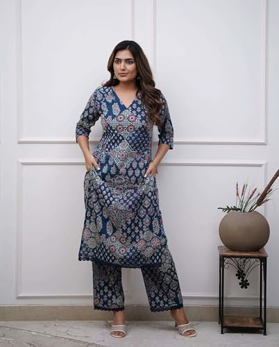 Anni Designer Women'S Rayon Viscose Straight Printed Kurta With Pant (Kadai Blue_Xl_Blue_X-Large),Blue,XL,Rayon,Casual,