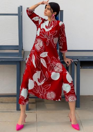 Anni Designer Women'S Cotton Blend Straight Printed Kurta With Pant (Anaar-Red_S_Red_Small),Red,S,Cotton Blend,Regular,