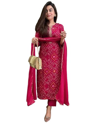 Anni Designer Women'S Rayon Blend Straight Printed Kurta With Pant & Dupatta (Turae Rani-Vks01_S_Pink_Small),Pink,S