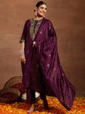Libas Gerua Womens Yoke Design Silk Blend Straight Kurta With Trousers And Dupatta Burgundy 2Xl