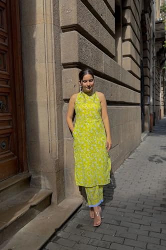 Anni Designer Women'S Rayon Blend Straight Block Printed Kurta With Pant (Lemon-Lime-Nw_S_Green_Small),Green,S,Rayon Blend,Regular,Kurta