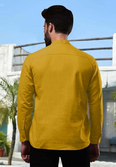 Royalscout Men'S Cotton Polyester Blend Solid Regular Fit Full Sleeve Short Kurta Gold Gold 2Xl Rd_Btn_Kurta_Gold_Xxl