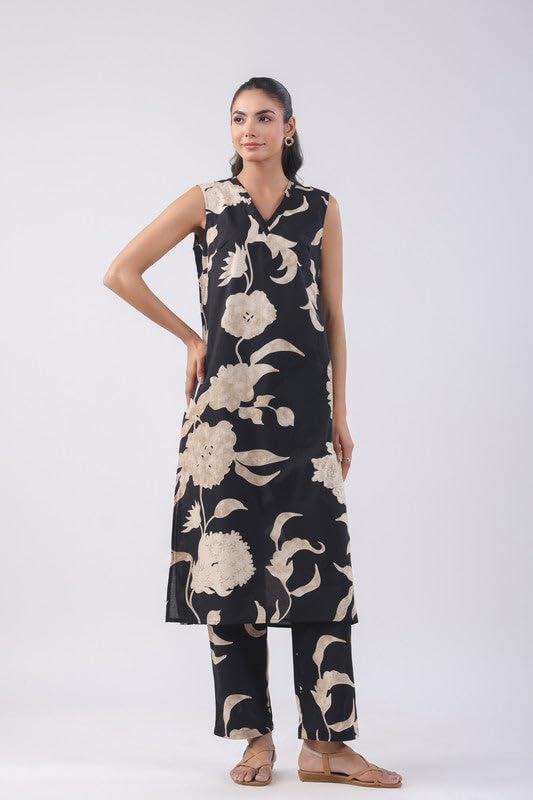 Anni Designer Women'S Rayon Viscose Straight Printed Kurta With Pant (Teras Black_S_Black_Small),Black,S,,,